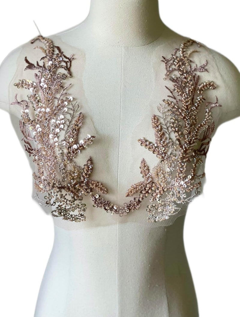 JRYYR Beaded Lace Applique, Flower Sequin Patch,Champagne Applique for DIY Neckline Wedding Bridal Prom Dresses Costumes 14.1x4.9 inches 1 Pair (Champagne) - Image 4